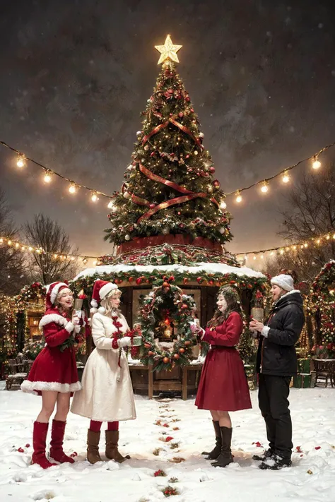 three people in santa hats standing in front of a christmas tree