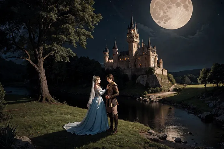 arafed image of a couple standing in front of a castle at night