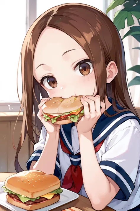 anime girl eating a hamburger and a sandwich at a table