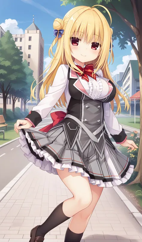 hiyori-default,red eyes,blonde hair, double bun,ahoge,school uniform, red bow,frills,shirt,pleated skirt,frilled skirt,  black socks,loafers <lora:izumi hiyori_hamidashi creative_PONY_last:1>
background park,noon