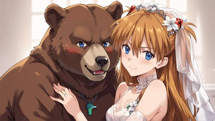 score_9, score_8_up, score_7_up, score_6_up, score_5_up, score_4_up,  source_anime, BREAK, , 1girl, wedding dress, bridal veil, wedding ring, wedding, blush, smile, looking at viewer, interspecies, bear, animal, , <lora:asuka-langley-soryu-rebuild-ponyxl-l...