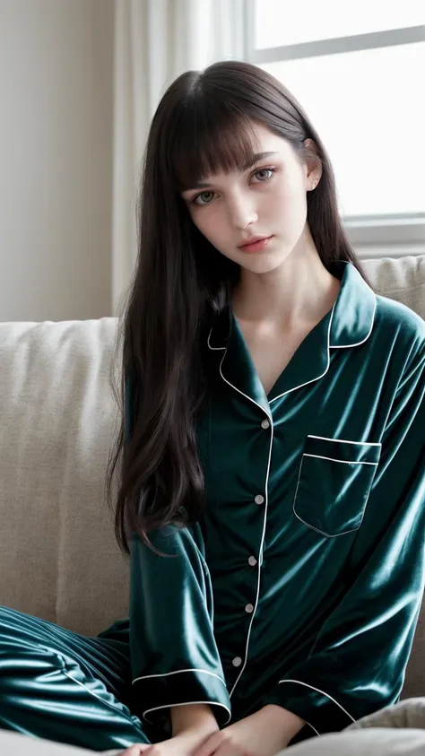 raw photo of a 20 y.o woman, average looking person, dark hair, alternative style, e-girl, grunge, ((wearing pajamas)), sleepy e...