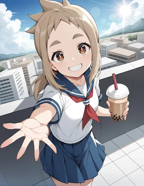 anime girl in uniform holding a cup of coffee and a drink