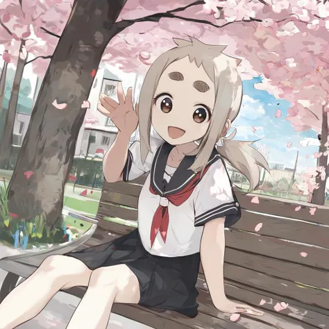 anime girl sitting on a bench in a park with cherry blossoms