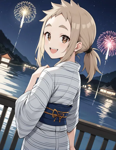 anime girl with ponytail hair standing on a bridge looking at fireworks