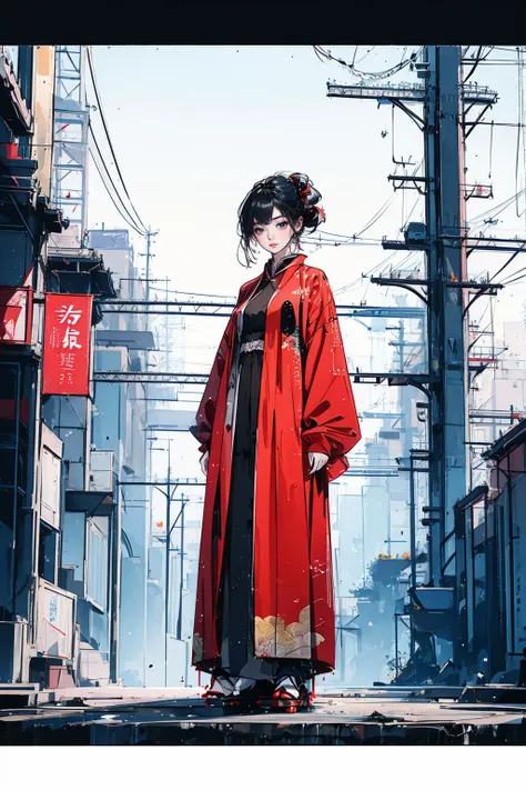 anime character in red kimono standing on a city street