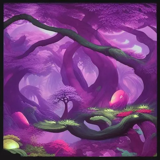 a close up of a painting of a forest with trees and flowers