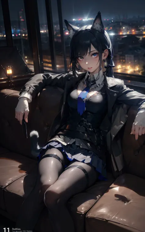 Omertosa, 1girl, head, sitting on sofa, night club, dark indoor, low lights, holding a glass, city, night, chandeliers, Tokyo, full body, hair dressing, long hair, black hair, black shirt, white shirt, tie, leather tie, silk tie, student dress, open jacket...