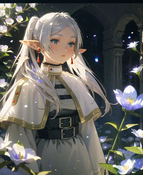 frieren, 1girl, long hair, pointy ears, twintails, jewelry, elf, earrings, capelet, white capelet, long sleeves, parted bangs, dress, belt, flower,Blue light particles, glowing flowers, Impressionism