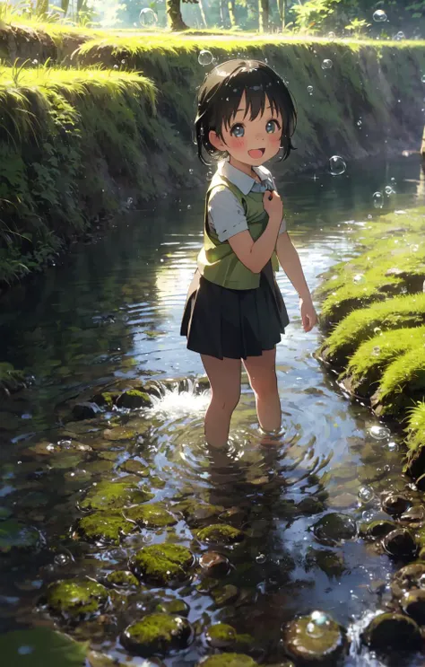 anime girl standing in a stream with a green shirt and black skirt