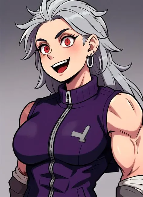 1 girl, noi_dorohedoro, front view, (halfbody), arm up, showing biceps, smiling, long grey hair, earrings, muscular, jacket, purple track suit, perfect red eyes, perfect face, perfect lighting,  (masterpiece:1.2), (best quality:1.2) <lora:Noi_Dorohedoro_v1...