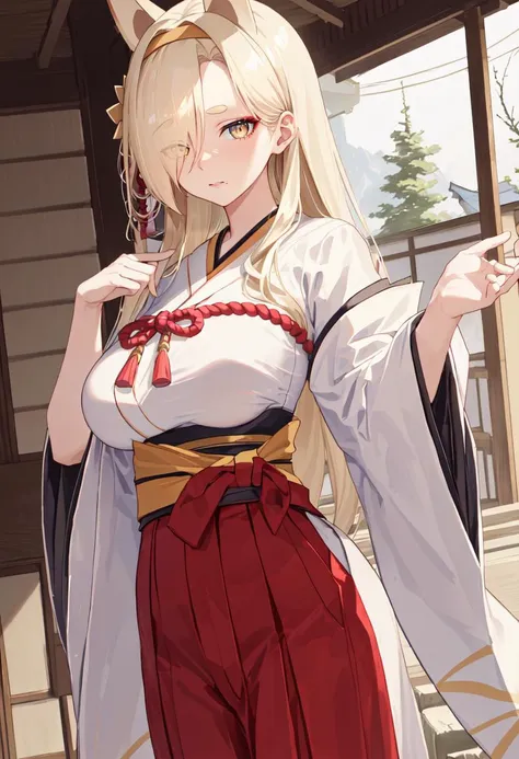 best quality, masterpiece, highres, solo, (kaho_bluearchive:1.10), (white kimono:1.35), (red hakama:1.35), (wide sleeves:1.20), 20 <lora:kaho_bluearchive:0.80>