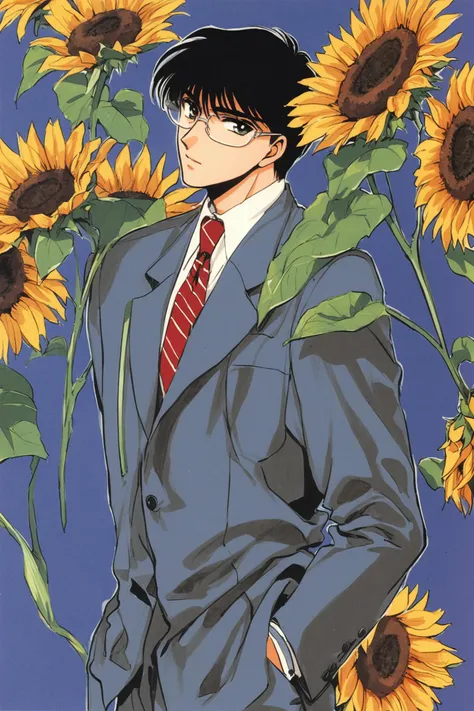 a close up of a person in a suit and tie standing in front of sunflowers