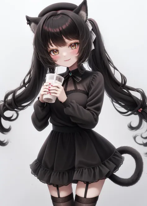 masterpiece, best quality, 1girl, solo, animal ears, brown hair, tail, thighhighs, smile, cat tail, cat ears, dress, looking at viewer, twintails, long hair, holding, blush, garter straps, holding cup, long sleeves, bow, black dress, cowboy shot, cup, hat,...