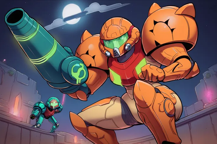 cartoon of a cat with a gun and a cat in a helmet