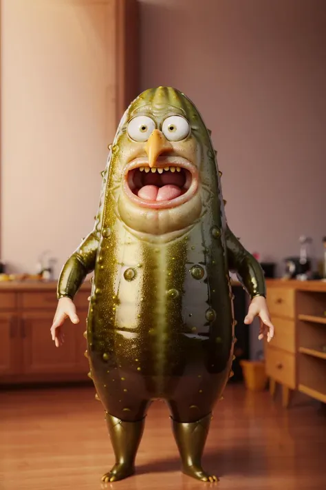 a close up of a pickle character with a big mouth