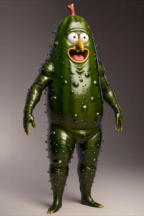 a close up of a pickle character with a weird look