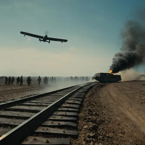 cinematic film still of  <lora:Battlefield ww1 style:1>
a battle train on tacks with a military plane flying over it battlefield ww1 style,outdoors,sky,day,cloud,blue sky,military,no humans,fire,ground vehicle,scenery,motor vehicle,smoke,sand,militar,explo...