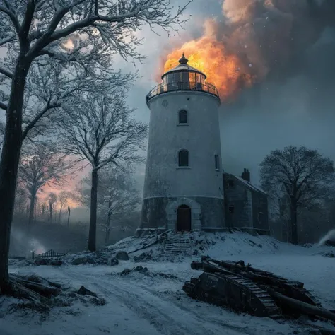 UHD, 4k, ultra detailed, cinematic, a photograph of  <lora:Battlefield ww1 style:1>
a lighthouse on a snowy island with a fire in the sky battlefield ww1 style,outdoors,sky,cloud,tree,no humans,bird,scenery,snow,mountain,aircraft , war, war zone, battle, w...