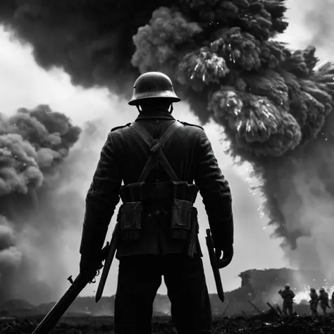 UHD, 4k, ultra detailed, cinematic, a photograph of  <lora:Battlefield ww1 style:1>
a man standing in front of a huge explosion battlefield ww1 style,monochrome,weapon,greyscale,outdoors,armor,helmet,polearm , war, war zone, battle, warrior, soldier, dark ...