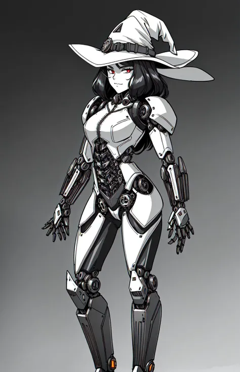 portrait, 1girl, (a demon woman, muscles, (biomechanical neon led exoskeleton mechsuit armor short jumpsuit Backless Dress, witch hat:1.5)), (solo) (1girl), (beautifully drawn face:1.2), glowing red eyes [boku no hero academia], light smile, (black hair bi...