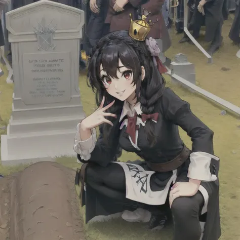 anime - style girl kneeling in front of a grave with a sword