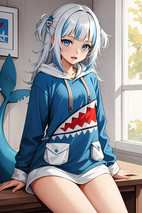 best quality, intricate details, 

1girl, white hair, blue eyes, sharp eyes,messy hair, blue highlights, sharp teeth, 

blue hoodie, shark teeth design, bare legs, hair ornament, gawr gura, shark girl, shark tail, shark print, blue hoodie, sharp teeth, ani...