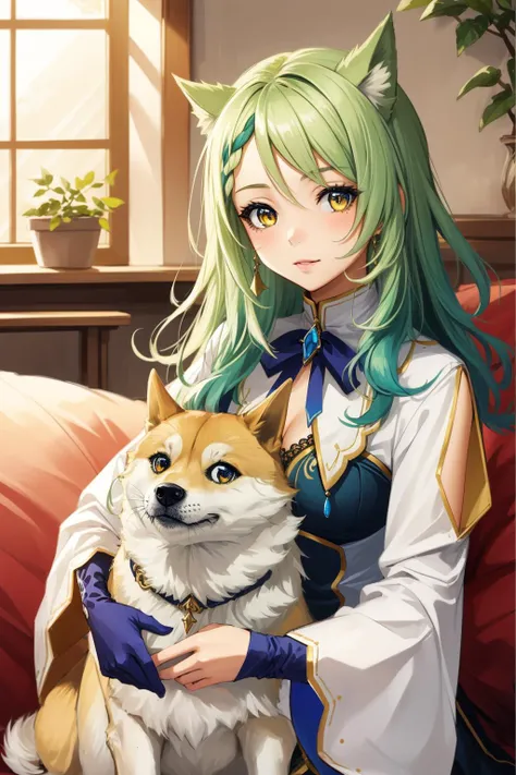 best quality, intricate details,

<lora:ceresFaunaHololive_v1:0.8> 1girl, ceres_fauna,  long green hair, yellow eyes, 

 <lora:mintyDogesDogeStyle_v1:0.8> mntydge, doge,