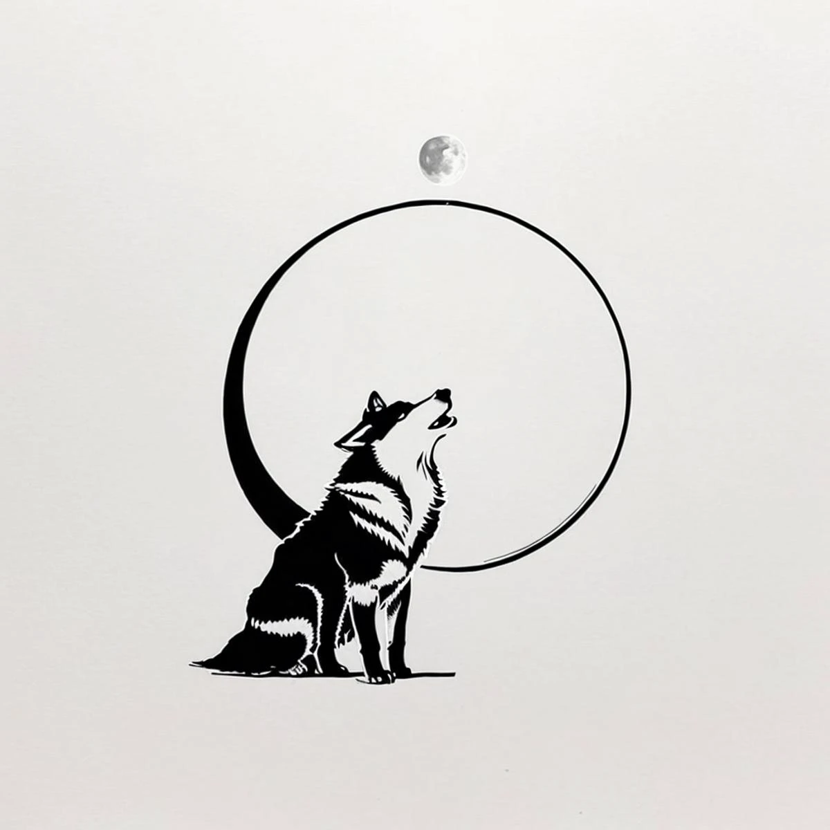 minima2023, cantered, illustration, white background, negative space. abstract art, wolf howling at moon,