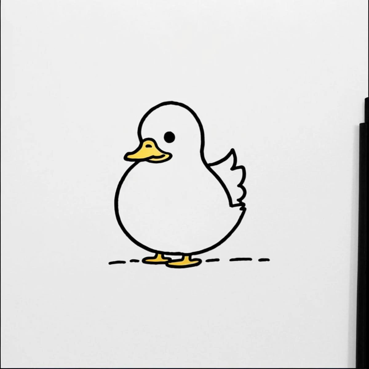 minima2023, cantered, black and white illustration, white background, negative space, cartoon duck, simple tattoo, line art, simple drawing,