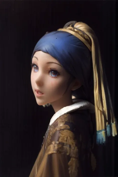 a close up of a doll with a blue ear and a gold earring