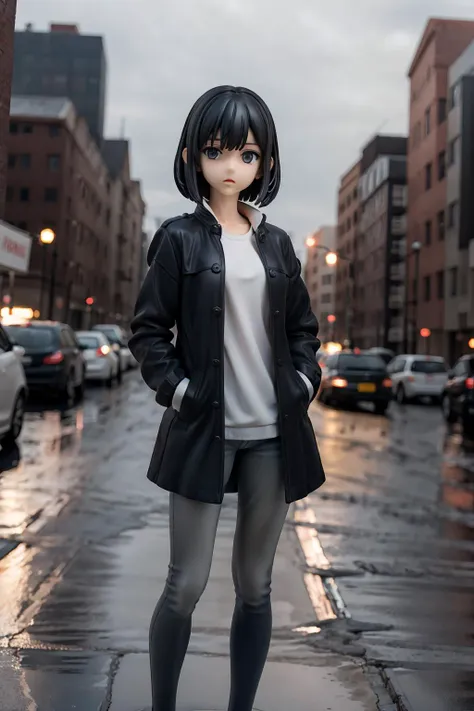 arafed woman in a black coat and grey pants standing on a wet street