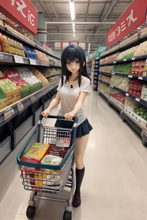 a woman in a short skirt pushing a shopping cart in a store