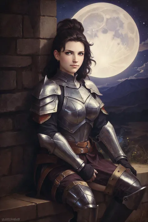 ,<lora:bouguereau-01:0.7> ,bgrtpainting, close up portrait of a sexy young knight girl, fantasy art, focus on upper body, head tilt, scratches on the armor, evil smirk, deep black hair, long high ponytail, black smokey mascara, confident, large heavy breas...