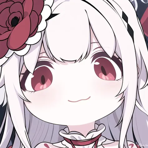 anime girl with white hair and pink eyes and a flower in her hair