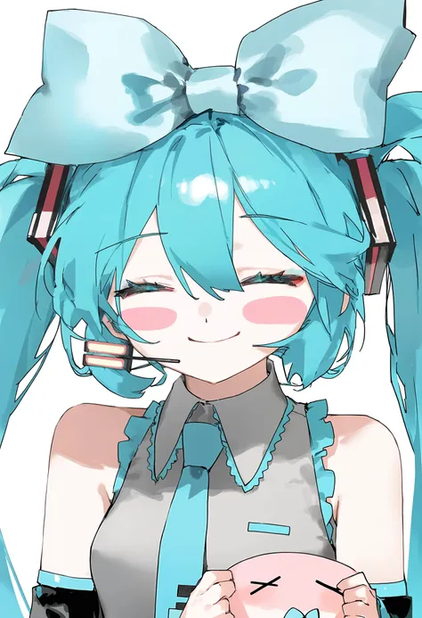 by rsef, 1girl, 1 hatsune miku, white background, simple background, upper body, holding, smile, blush stickers, ear bow, closed mouth, closed eyes, hair bow, collared shirt, sleeveless shirt, grey shirt, detached sleeves, black sleeves, aqua necktie, bare...