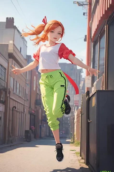 (masterpiece, best quality), 1girl, Lime green Fishtail Braid with Ribbon Detail, flat chest, Ginger Spice Satin wrap top and Cargo jogger pants, kneehighs, Leaping into the air with legs extended.,  <lora:atdan_style_v08:1>