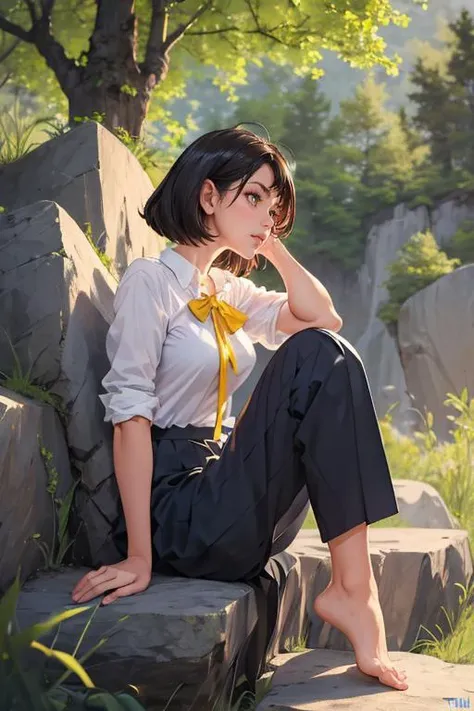 (masterpiece, best quality), 1girl, Caramel Textured Crew Cut, Size DD breasts, Mustard Pleated blouse and Pleated culottes, tabi, Resting on a boulder, looking out into the distance with a sense of wonder.,  <lora:atdan_style_v08:1>