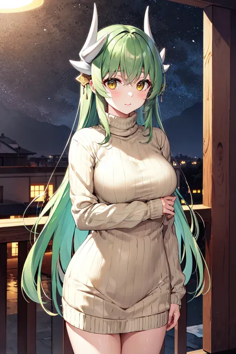 masterpiece, best quality, highres, aakiyo, long hair, green hair, white horns, hair ornament, yellow eyes, <lora:kiyohime_(berserker)_v1:0.7>, sweater dress, ribbed sweater, turtleneck, night, standing