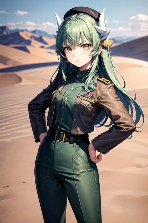 (masterpiece, best quality, detailed), 1girl, solo, aakiyo, long hair, green hair, white horns, hair ornament, yellow eyes, looking at viewer, 
military uniform, military, soldier, belt, green pants, beret, brown jacket, desert, sand, dust, sun, hands on h...