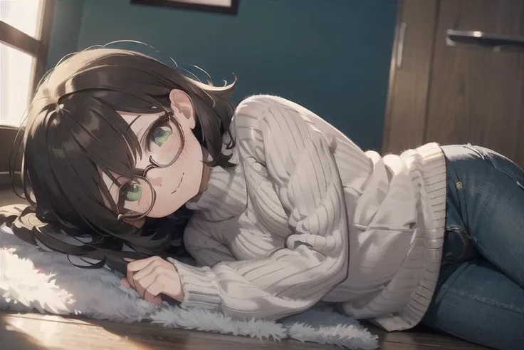 anime girl laying on the floor with her eyes closed