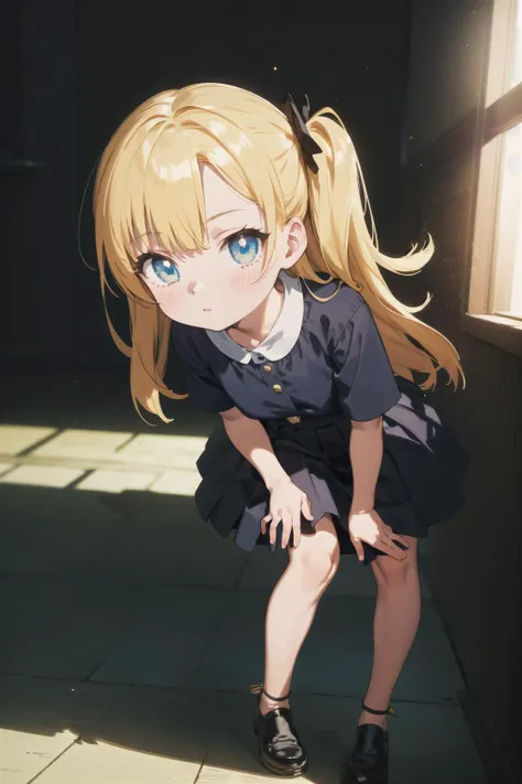 anime girl in a school uniform bending down to look at something