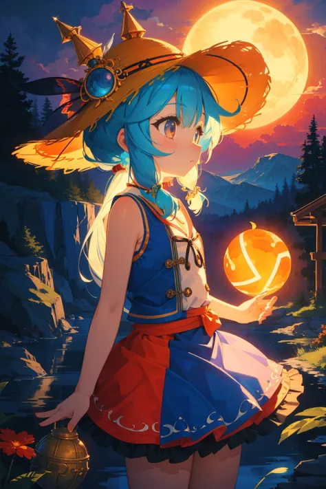 a woman in a hat holding a pumpkin in front of a full moon