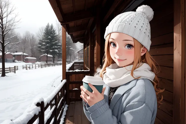 (RAW photo, best quality), 1girl,  natural lighting, smile, outdoor,
 <lora:innai_kansen_shite_mizuho_v2_2-000003:1>, shite mizuho,
winter, beanie hat, a cup of coffee, aroma, snowflakes, scarf,