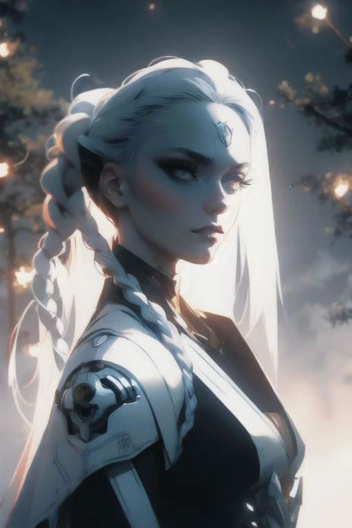 anime game, blue sky, forest, sunlit, weak lights and shadows, tree canopy, far, a beautiful woman with white face and white hair in a braid and red forehead ribbon, she is wearing a white futuristic darkness god radiance god mech armor radiance boss golde...