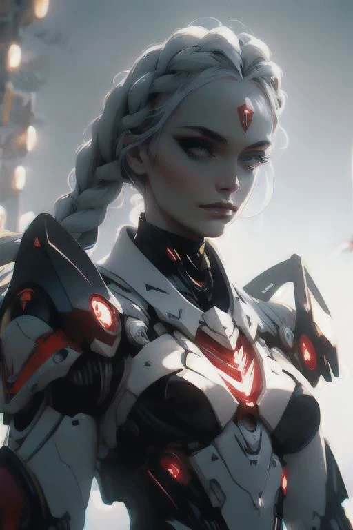 anime game, blue sky, forest, sunlit, weak lights and shadows, tree canopy, a beautiful woman with white face and white hair in a braid and red forehead ribbon, she is wearing a white futuristic darkness god radiance god mech armor radiance boss golden Tit...