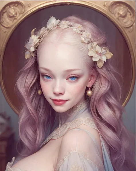 speedpainting (French 16th century Renaissance period:1.4) (Beauty:1.3) photo of a 20yo, (strikingly beautiful:1.2) vivacious, enigmatic (French:1.2) (albino:1.3)  Courtesan, Clémence Leroux, (albinism:1.4), ( Almond eyes, brown color, narrow nose, medium ...