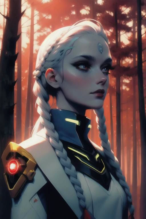 anime game, blue sky, forest, sunlit, weak lights and shadows, tree canopy, a beautiful woman with white face and white hair in a braid and red forehead ribbon, she is wearing a white futuristic darkness god radiance god mech armor radiance boss golden Tit...