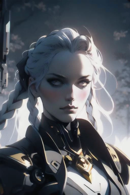 anime game, blue sky, forest, sunlit, weak lights and shadows, tree canopy, far, a beautiful woman with white face and white hair in a braid and red forehead ribbon, she is wearing a white futuristic darkness god radiance god mech armor radiance boss golde...