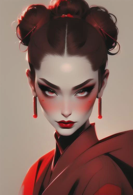 speedpainting of a woman, red lipstick, geisha makeup, looking at viewer, hair up in a bun, upper body, lips, realistic, brown eyes, robes,